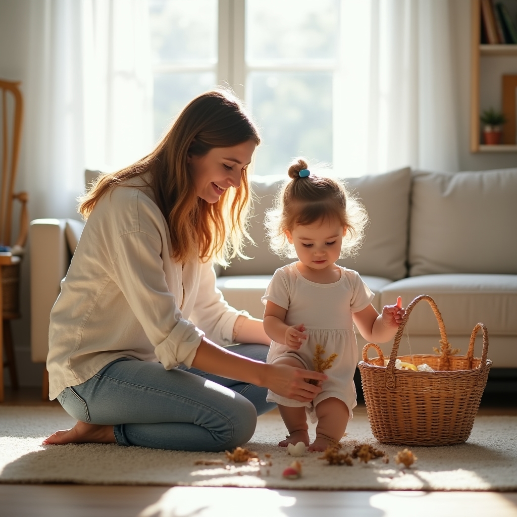 Familie cu copii mici organizând împreună spațiul din living